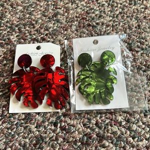 Green and red leaf earrings